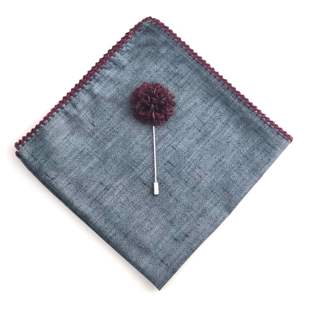 Steel Blue w/ Burgundy Crocheted Pocket Square & Lapel Flower Set